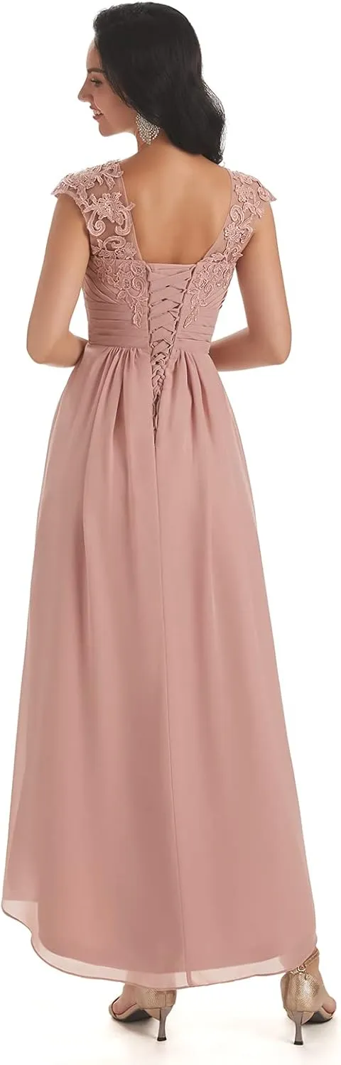 Lace Appliques Mother of The Bride Dress Chiffon?High Low Crew Neck Wedding Guest Dresses with Pockets