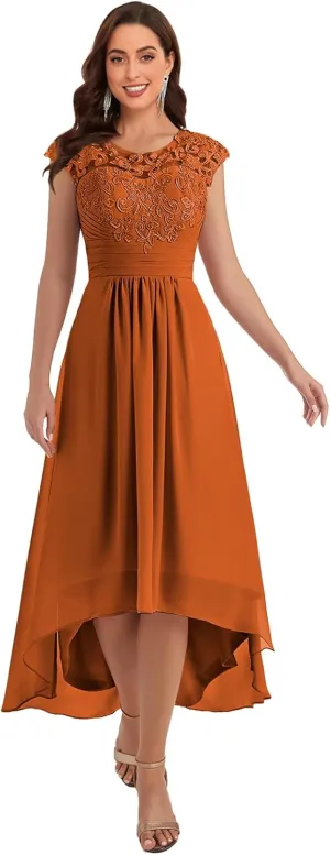 Lace Appliques Mother of The Bride Dress Chiffon?High Low Crew Neck Wedding Guest Dresses with Pockets