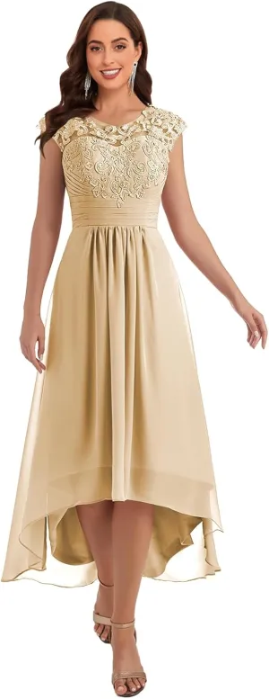 Lace Appliques Mother of The Bride Dress Chiffon?High Low Crew Neck Wedding Guest Dresses with Pockets
