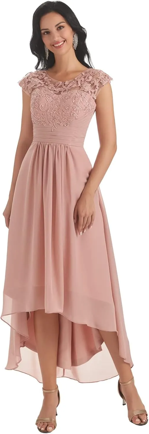Lace Appliques Mother of The Bride Dress Chiffon?High Low Crew Neck Wedding Guest Dresses with Pockets