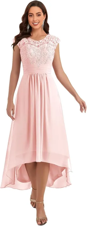 Lace Appliques Mother of The Bride Dress Chiffon?High Low Crew Neck Wedding Guest Dresses with Pockets