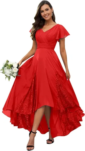 Lace Bridesmaid Dresses Long Red Evening Dress with Sleeves High Low Chiffon Formal Gowns for Women Size 16