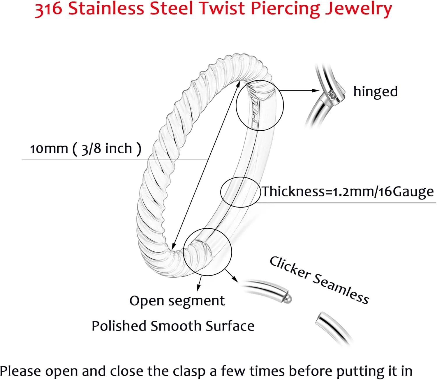 Lantine Hinged 20g 18g 16g Nose Rings Hoops 6mm 8mm 10mm 12mm 14mm 16mm Septum Ring Clicker Cartilage Helix Hoop Earrings Set