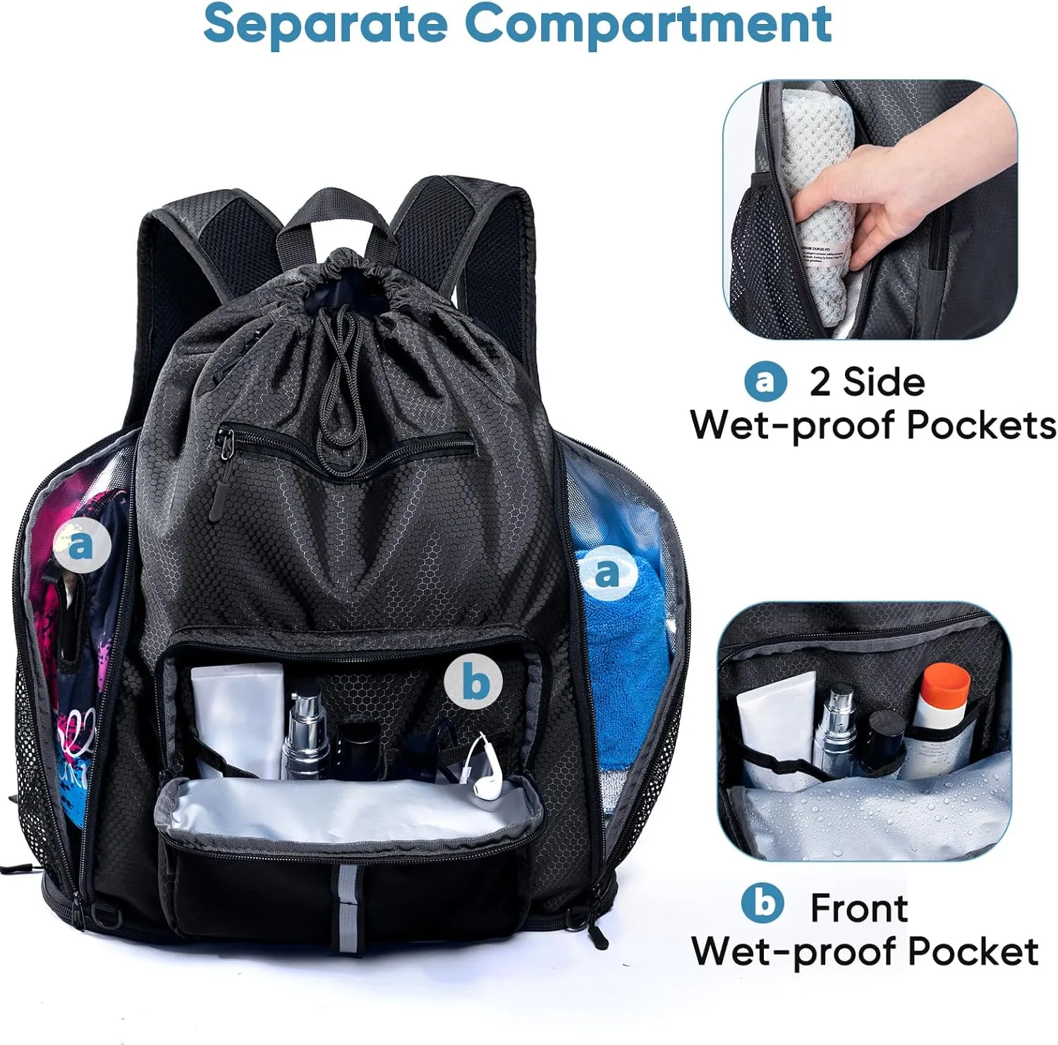 Large Beach Backpack Waterproof Sandproof - Customized Oversized Drawstring Pool Bag with Shoe Compartment for Toiletries, Towels, Gym, Travel
