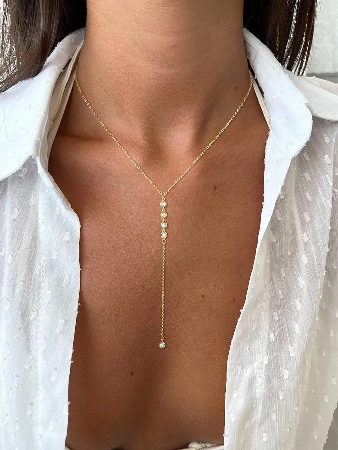 Lariat Gold Necklace for Women, 14k Gold Plated Y-Shaped Pendant Beaded Drop Necklaces Trendy, Dainty Long Necklace for Women Simple Jewelry Gifts