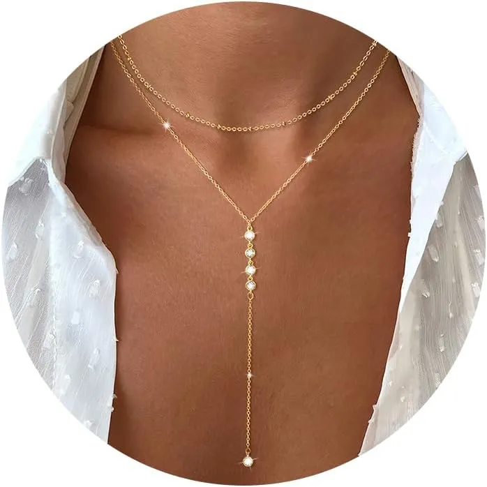 Lariat Gold Necklace for Women, 14k Gold Plated Y-Shaped Pendant Beaded Drop Necklaces Trendy, Dainty Long Necklace for Women Simple Jewelry Gifts