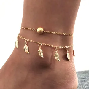 Layered Tassel Leaves Accessories Ankle Bracelet Gold Beach Handmade Foot Chain Adjustable Women's Anklets Jewelry Gifts for Women