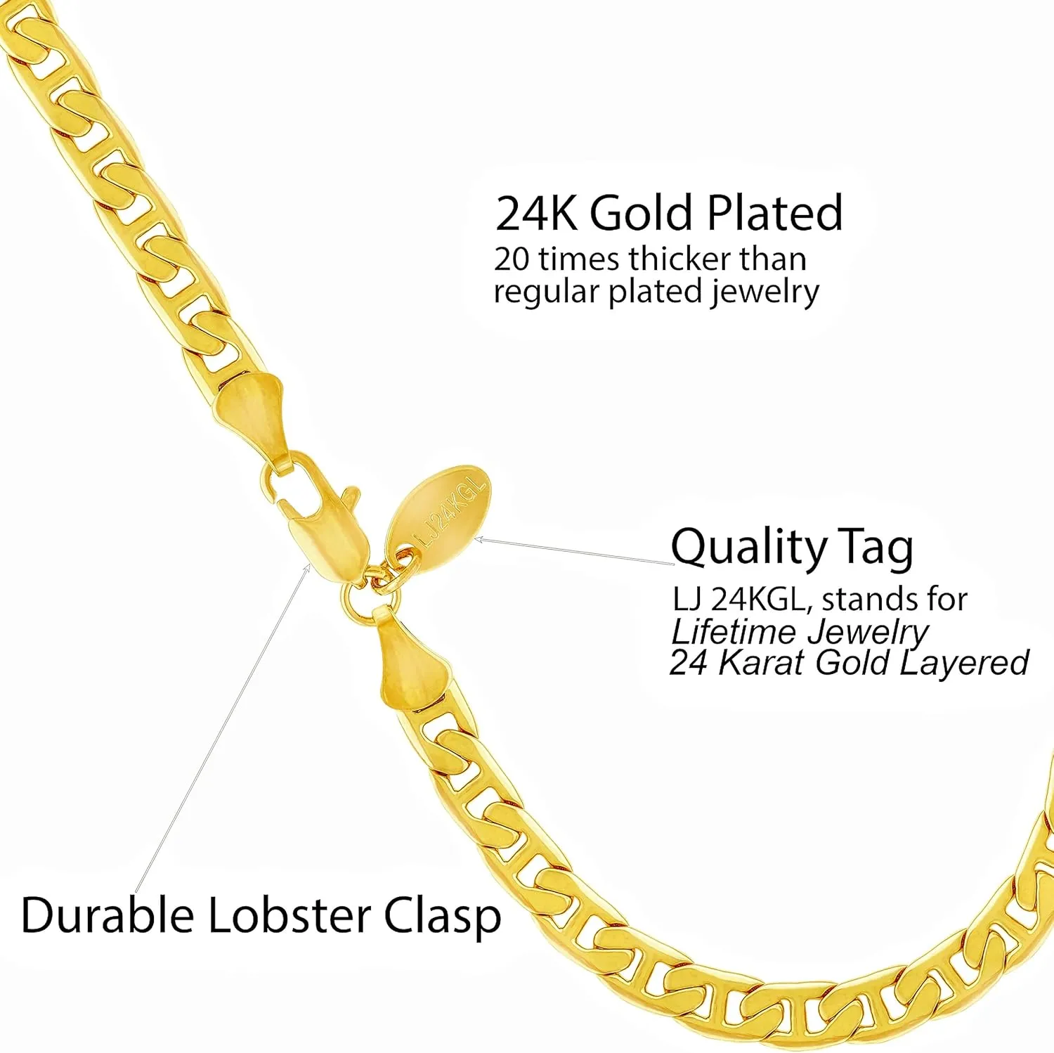 LIFETIME JEWELRY Womens Gold Anklet 5mm Mariner Link Ankle Bracelet 24k Gold Plated Bracelet