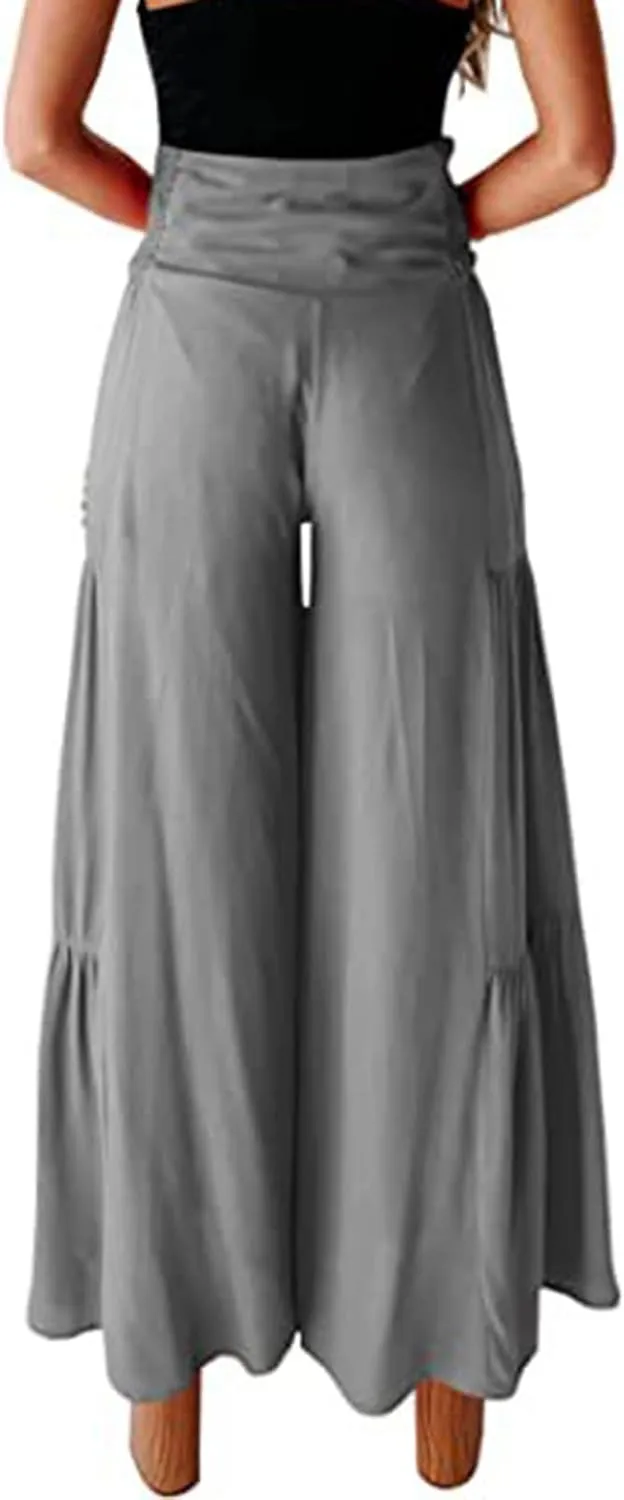 Linen Pants Women Summer Cotton Linen Wide Leg Long Pants with Pocket Solid Color Casual Women's Capris and Cropped