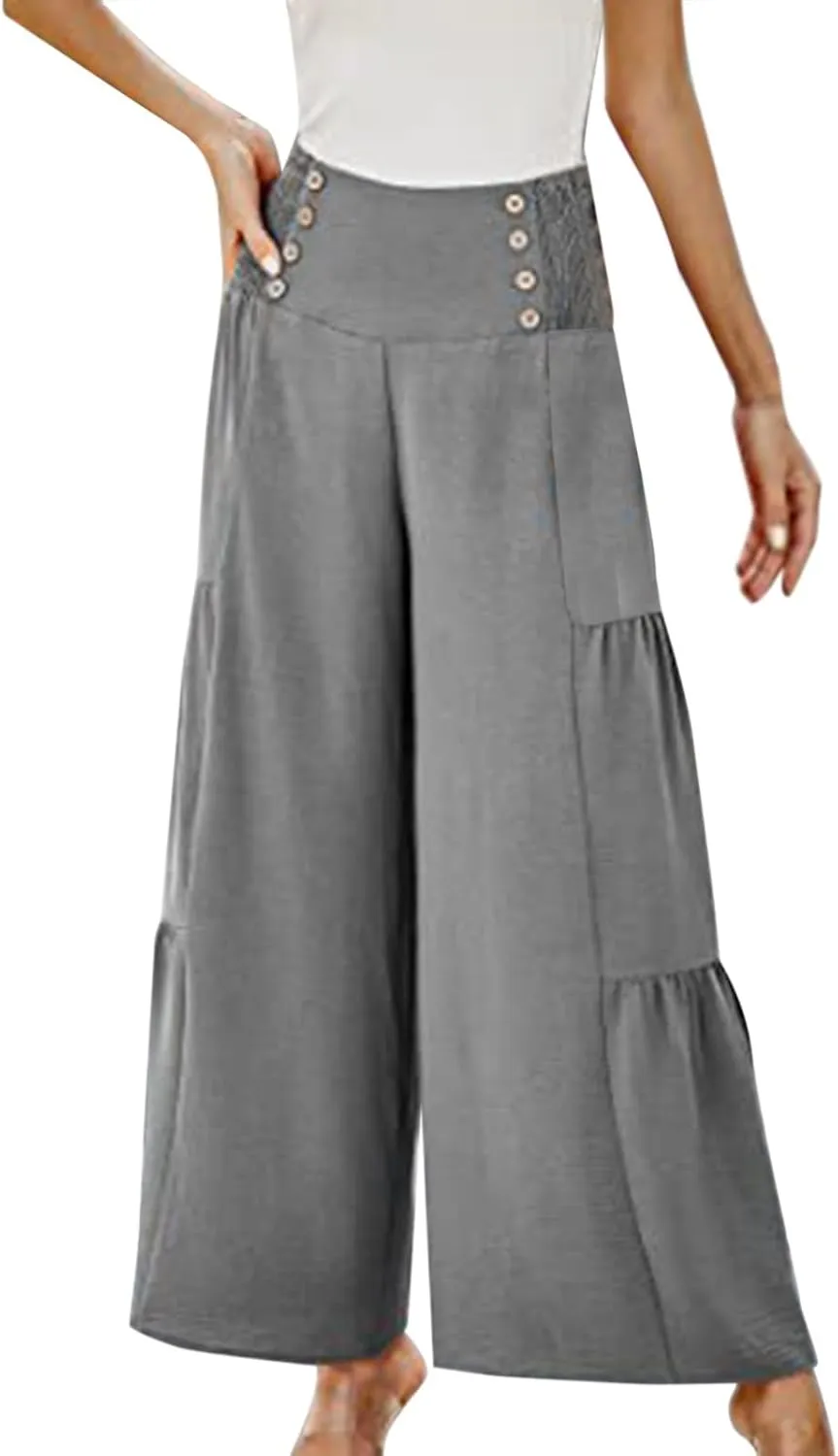 Linen Pants Women Summer Cotton Linen Wide Leg Long Pants with Pocket Solid Color Casual Women's Capris and Cropped