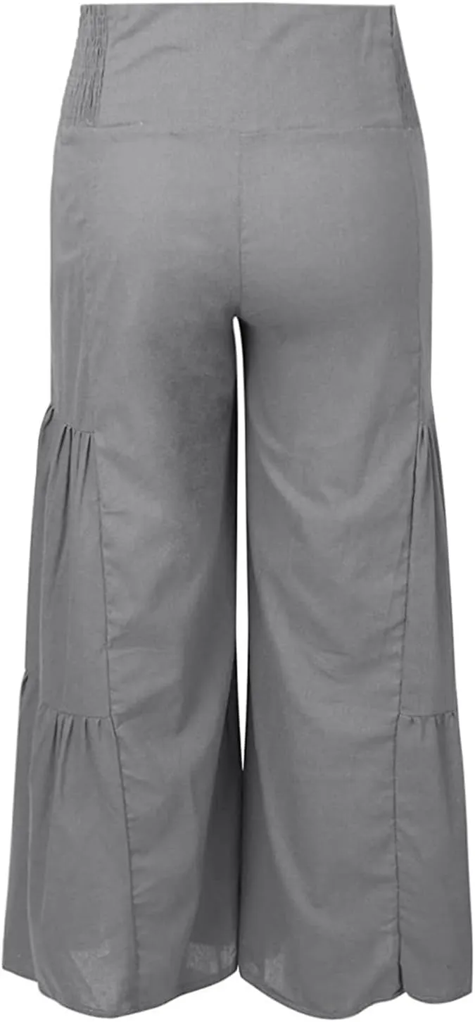 Linen Pants Women Summer Cotton Linen Wide Leg Long Pants with Pocket Solid Color Casual Women's Capris and Cropped