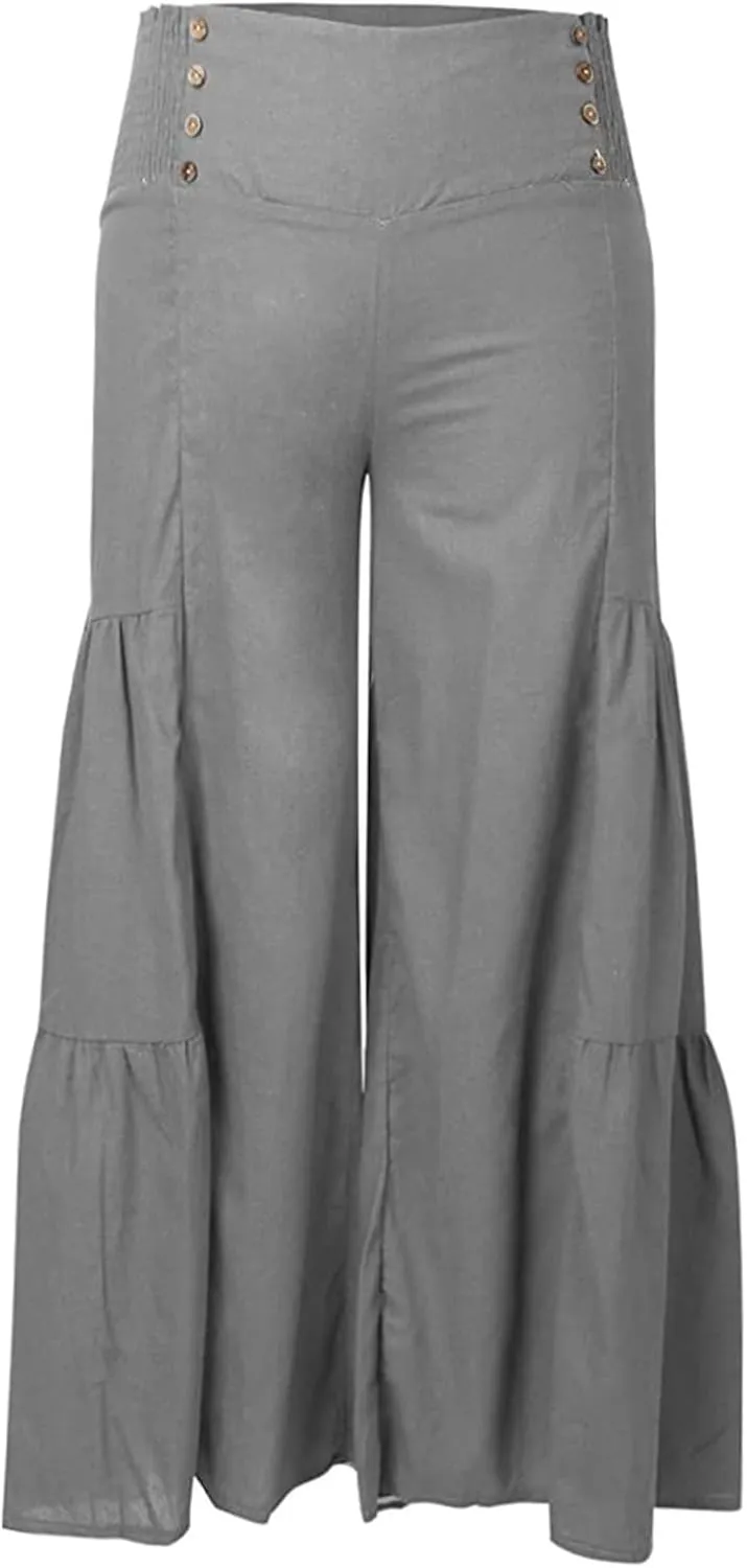 Linen Pants Women Summer Cotton Linen Wide Leg Long Pants with Pocket Solid Color Casual Women's Capris and Cropped
