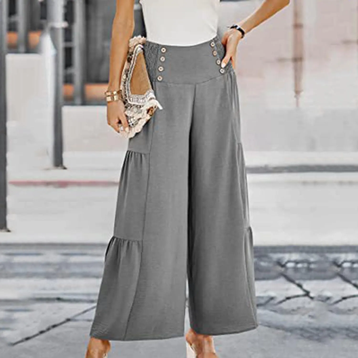Linen Pants Women Summer Cotton Linen Wide Leg Long Pants with Pocket Solid Color Casual Women's Capris and Cropped