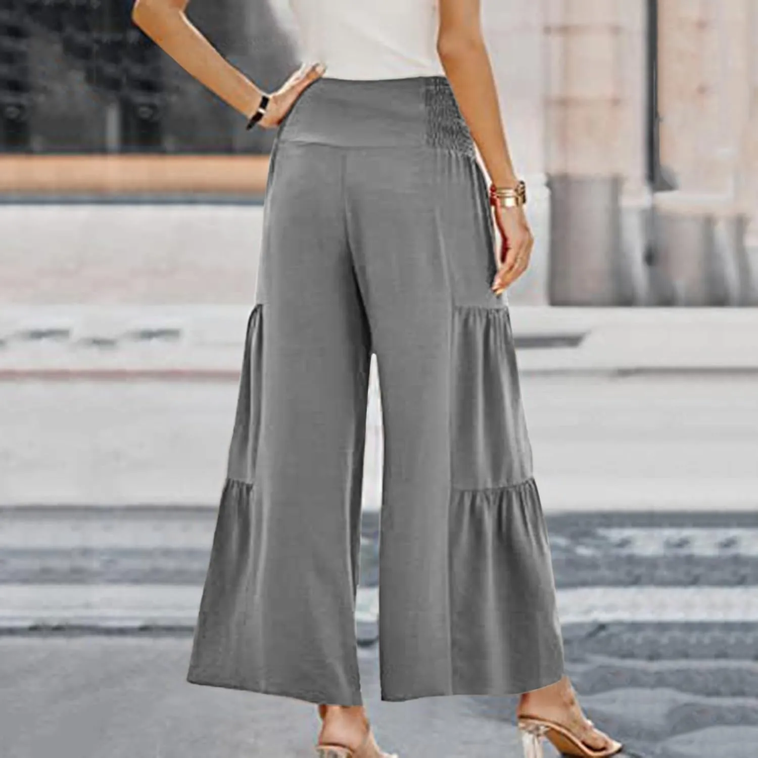 Linen Pants Women Summer Cotton Linen Wide Leg Long Pants with Pocket Solid Color Casual Women's Capris and Cropped
