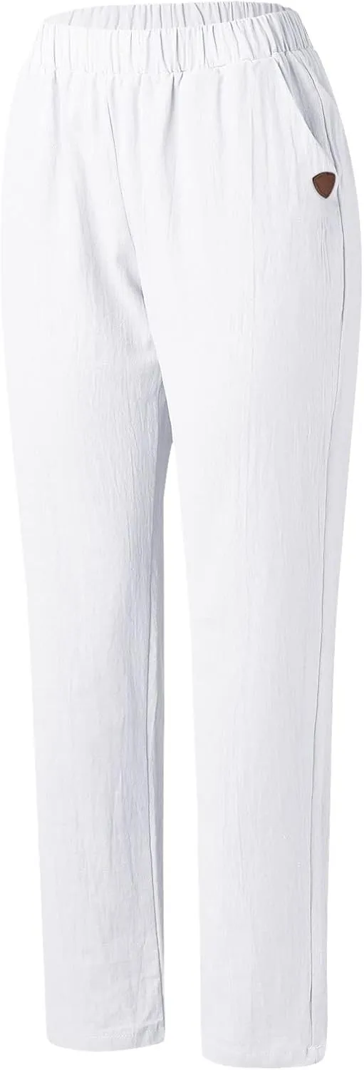 Linen Pants Women Summer for Women Flowy Pants Casual Loose High Waist Cotton Linen Wide Leg Long Pants with Pockets
