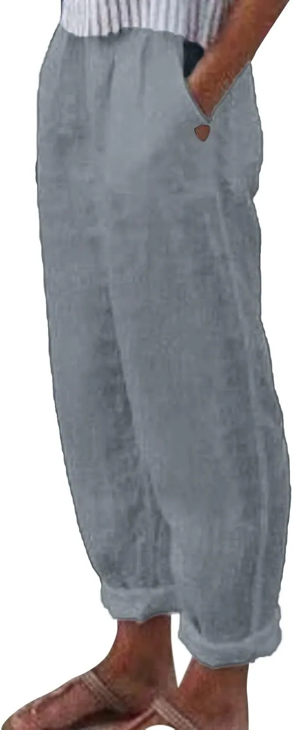Linen Pants Women Summer for Women Flowy Pants Casual Loose High Waist Cotton Linen Wide Leg Long Pants with Pockets
