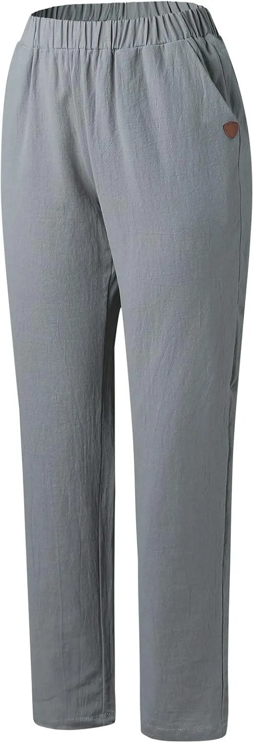 Linen Pants Women Summer for Women Flowy Pants Casual Loose High Waist Cotton Linen Wide Leg Long Pants with Pockets