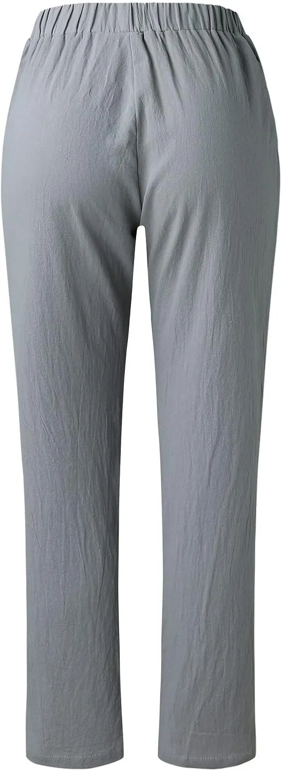 Linen Pants Women Summer for Women Flowy Pants Casual Loose High Waist Cotton Linen Wide Leg Long Pants with Pockets