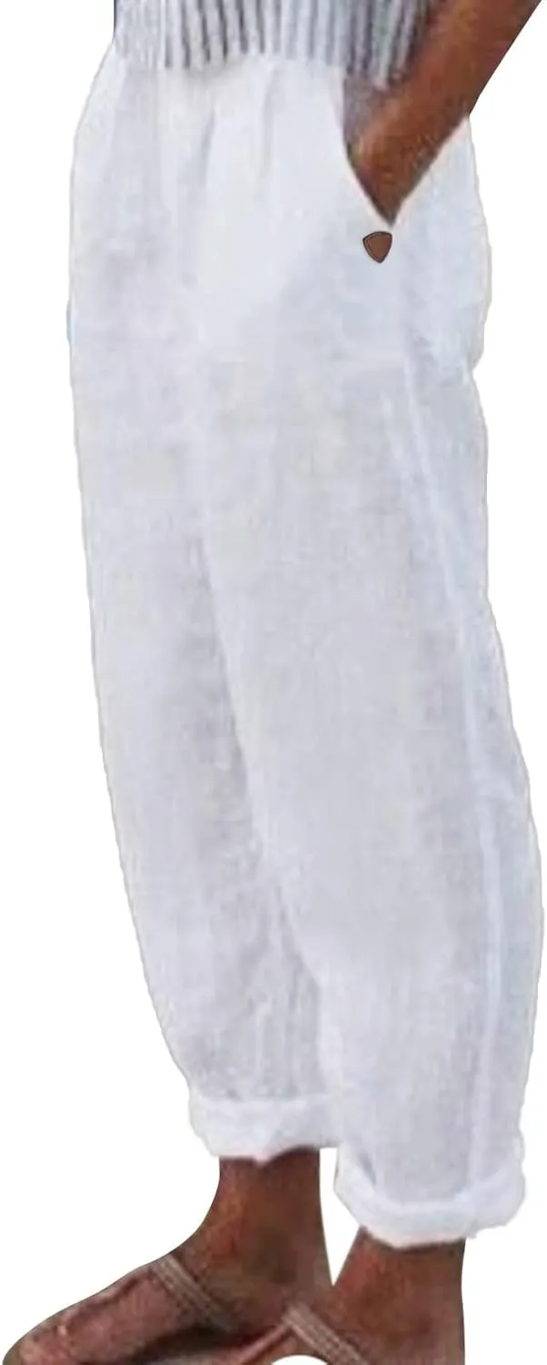 Linen Pants Women Summer for Women Flowy Pants Casual Loose High Waist Cotton Linen Wide Leg Long Pants with Pockets
