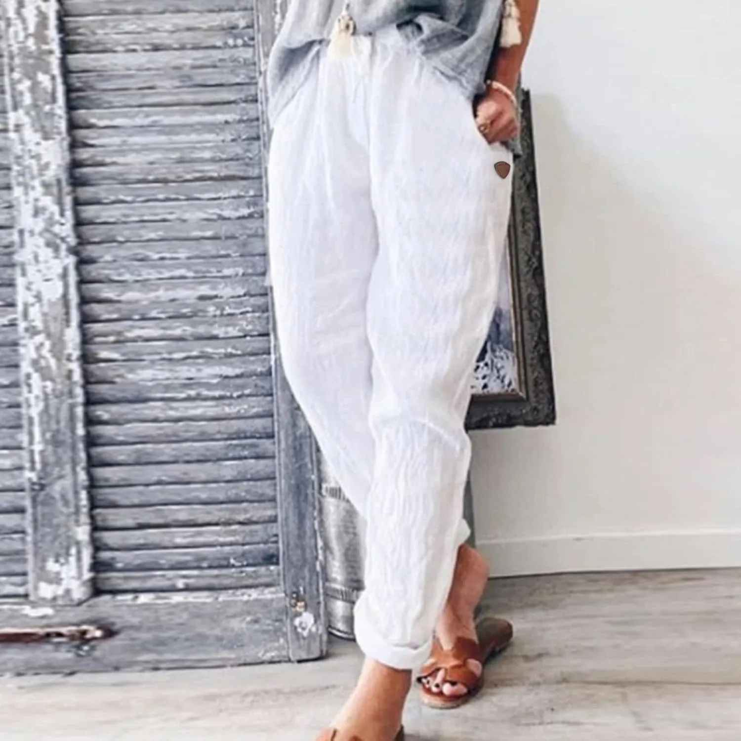 Linen Pants Women Summer for Women Flowy Pants Casual Loose High Waist Cotton Linen Wide Leg Long Pants with Pockets