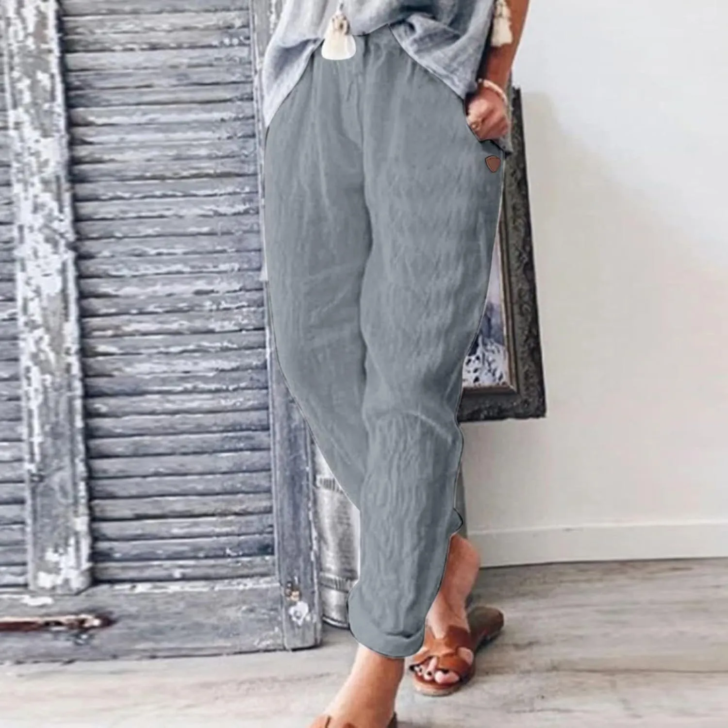 Linen Pants Women Summer for Women Flowy Pants Casual Loose High Waist Cotton Linen Wide Leg Long Pants with Pockets