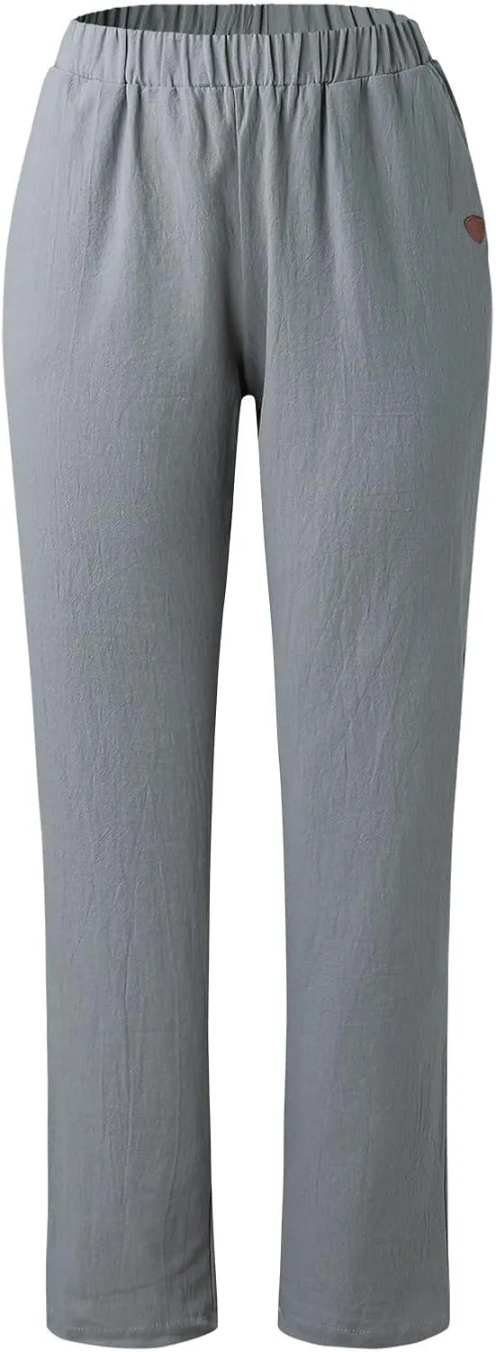 Linen Pants Women Summer for Women Flowy Pants Casual Loose High Waist Cotton Linen Wide Leg Long Pants with Pockets
