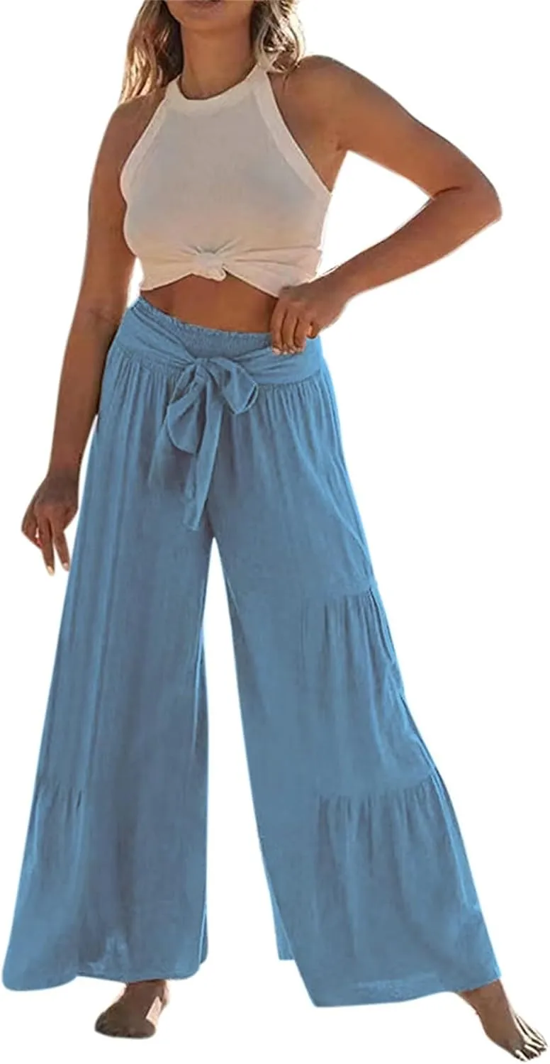 Linen Pants Women Summer Wide Leg Palazzo Pants Boho Loose Fit Casual Flowy Lounge Trousers Women Casual Linen Pants