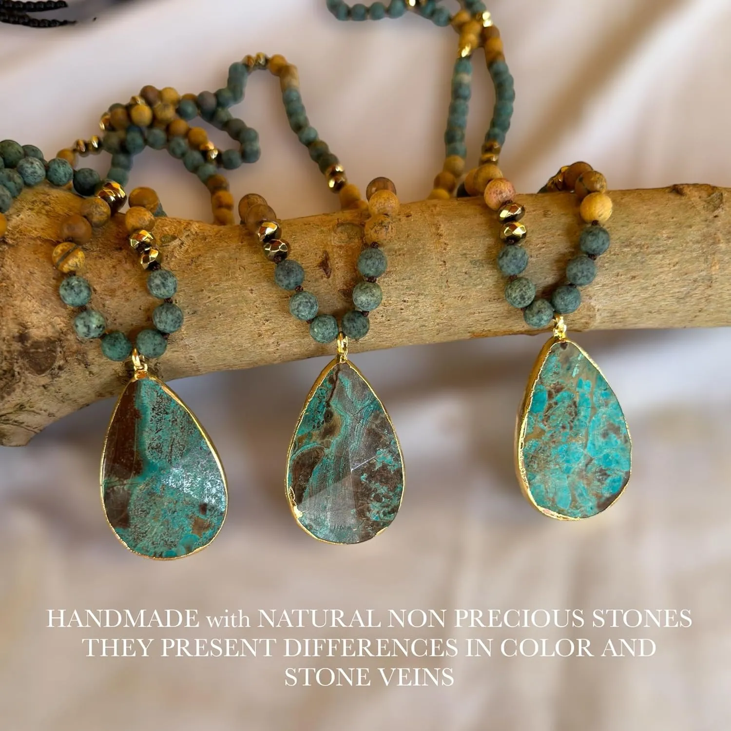 Long Genuine Stone beads and Pendant Necklace for Woman. Hand Knotted natural stone beads with big non-precious stone statement necklace. HANDMADE Boho Jewelry for women (Turquoise Green)