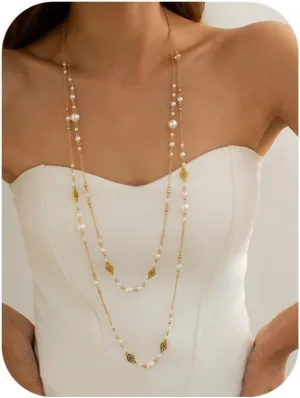 Long Gold Pearl Necklaces for Women Trendy Dainty Layered Pearl Statement Strand Chain Fashion Jewelry Gift Sweater Accessories