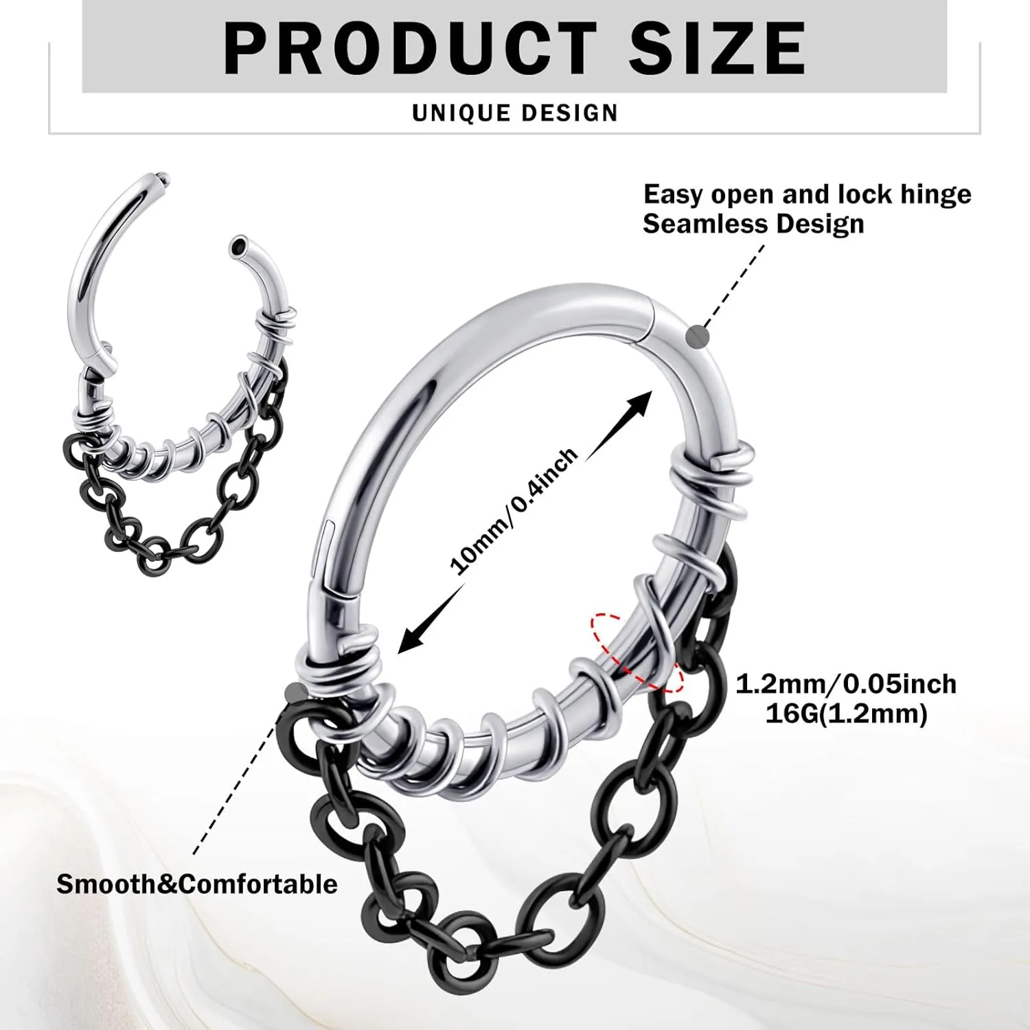 Longbeauty Septum Rings 16g Unique Septum Clicker Gold Black Nose Rings Surgical Steel Rook Helix Daith Piercing Jewelry for Women Men