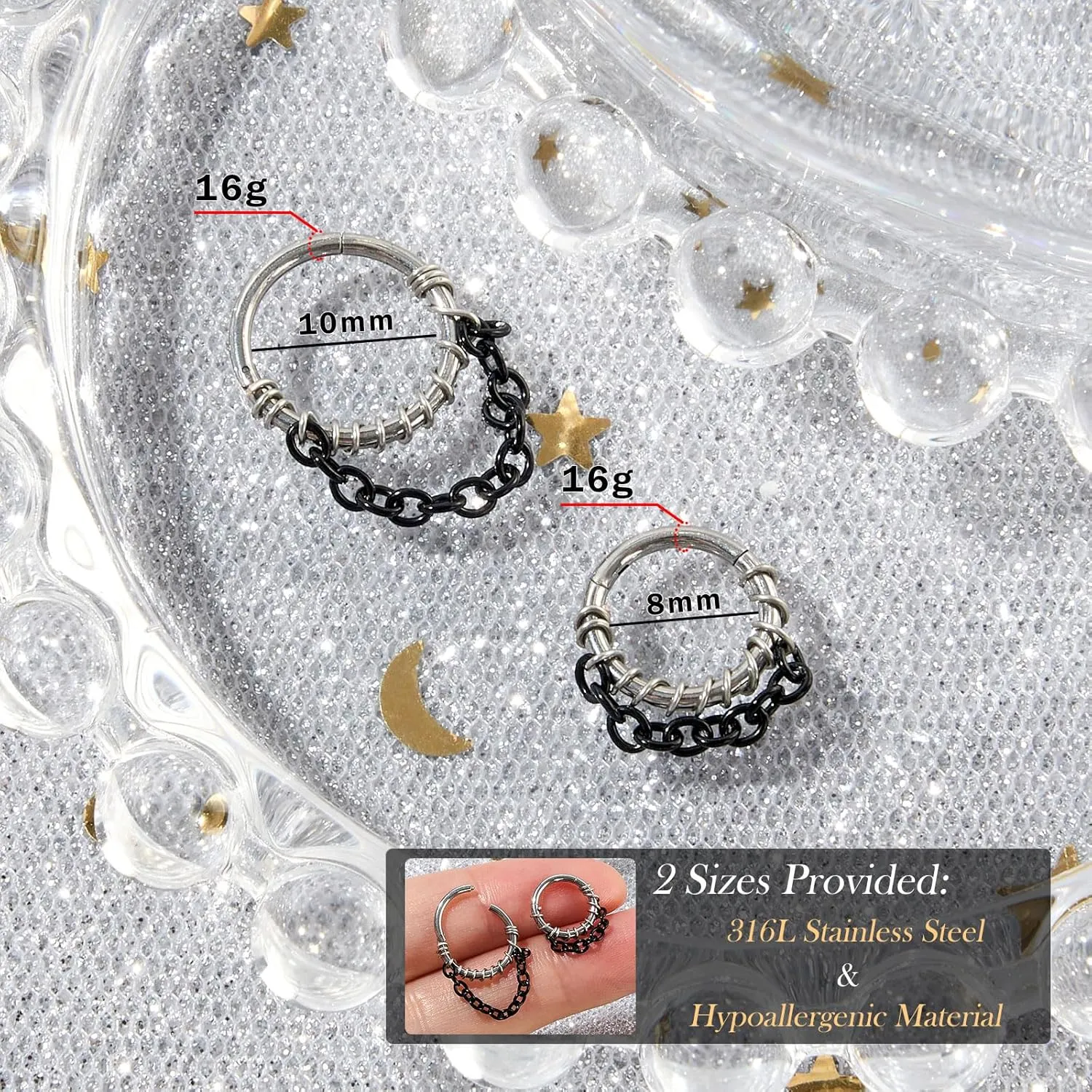 Longbeauty Septum Rings 16g Unique Septum Clicker Gold Black Nose Rings Surgical Steel Rook Helix Daith Piercing Jewelry for Women Men
