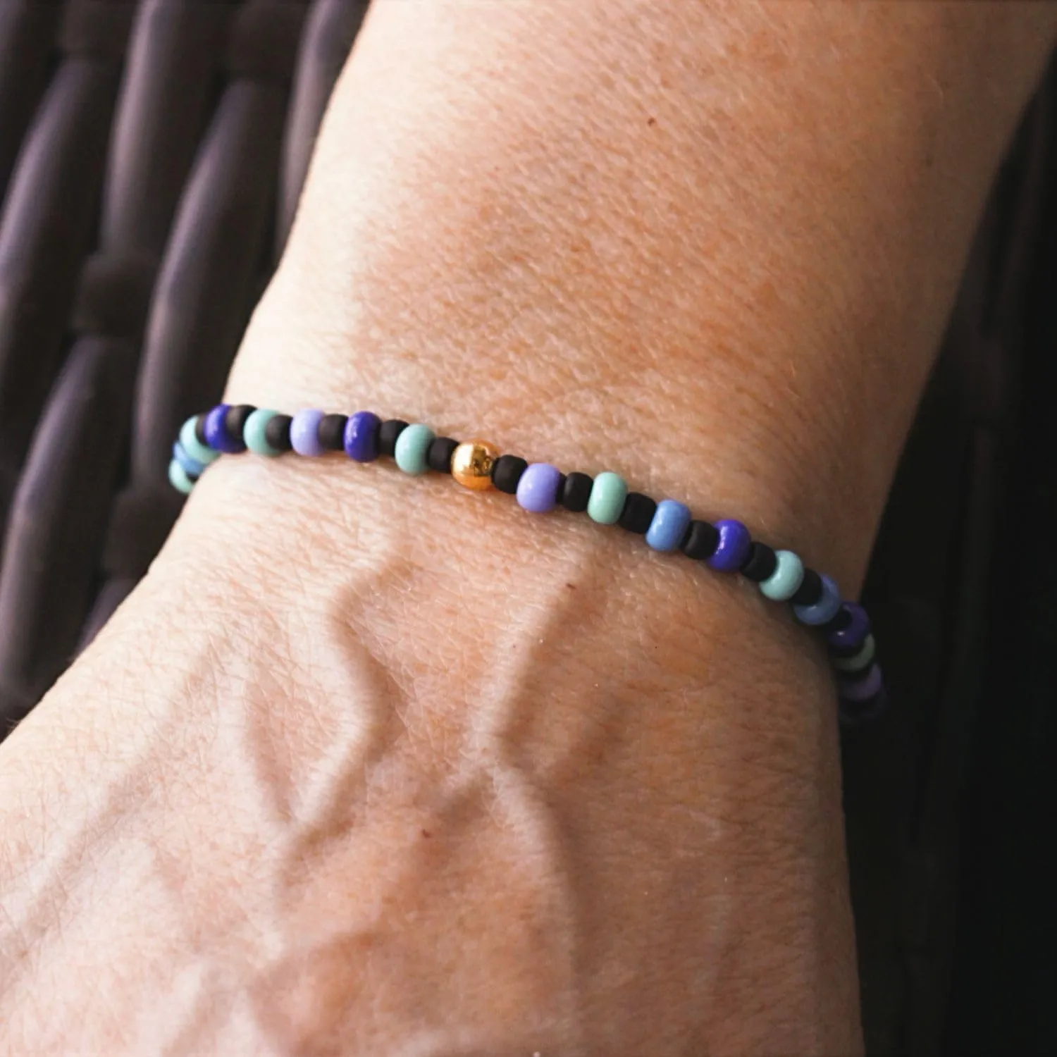 Luck Strings Black and Blue Beaded Stretch Bracelet with 14k Gold filled or Solid Gold - Unisex Handmade Jewelry for Men and Women