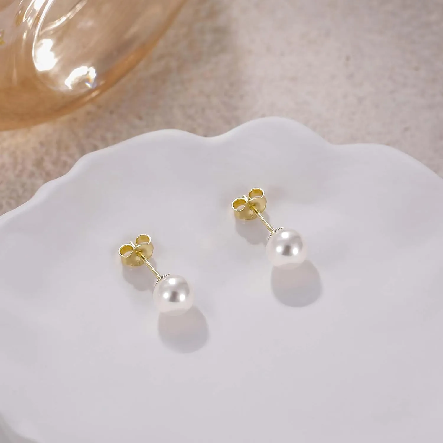 Mameloly Pearl Earrings for Women Dainty 925 Sterling Silver 14K Gold Plated 6MM/8MM/10MM/12MM Handpicked Simulated White Pearl Stud Earrings Hypoallergenic
