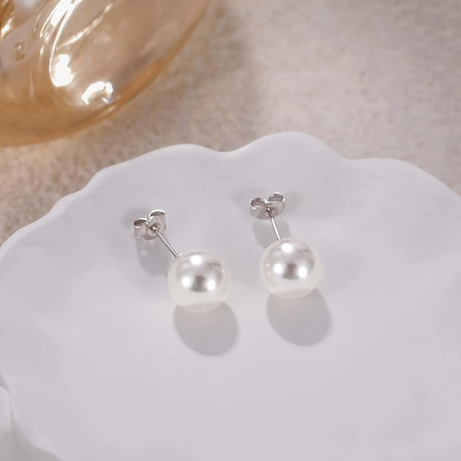 Mameloly Pearl Earrings for Women Dainty 925 Sterling Silver 14K Gold Plated 6MM/8MM/10MM/12MM Handpicked Simulated White Pearl Stud Earrings Hypoallergenic