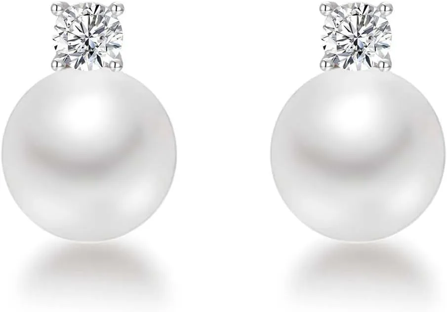 Mameloly Pearl Earrings for Women Dainty 925 Sterling Silver Cubic Zirconia CZ 10MM White Pearl Stud Engagement Wedding Birdal Earrings Hypoallergenic