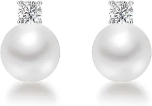 Mameloly Pearl Earrings for Women Dainty 925 Sterling Silver Cubic Zirconia CZ 10MM White Pearl Stud Engagement Wedding Birdal Earrings Hypoallergenic