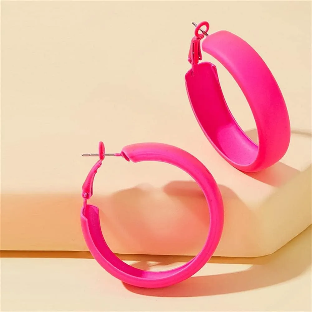 Matte Round Hoop Earrings Large Retro Neon Color Circle Earrings Multicolor Pierced Classic Lightweight Loops for Women Party Jewelry