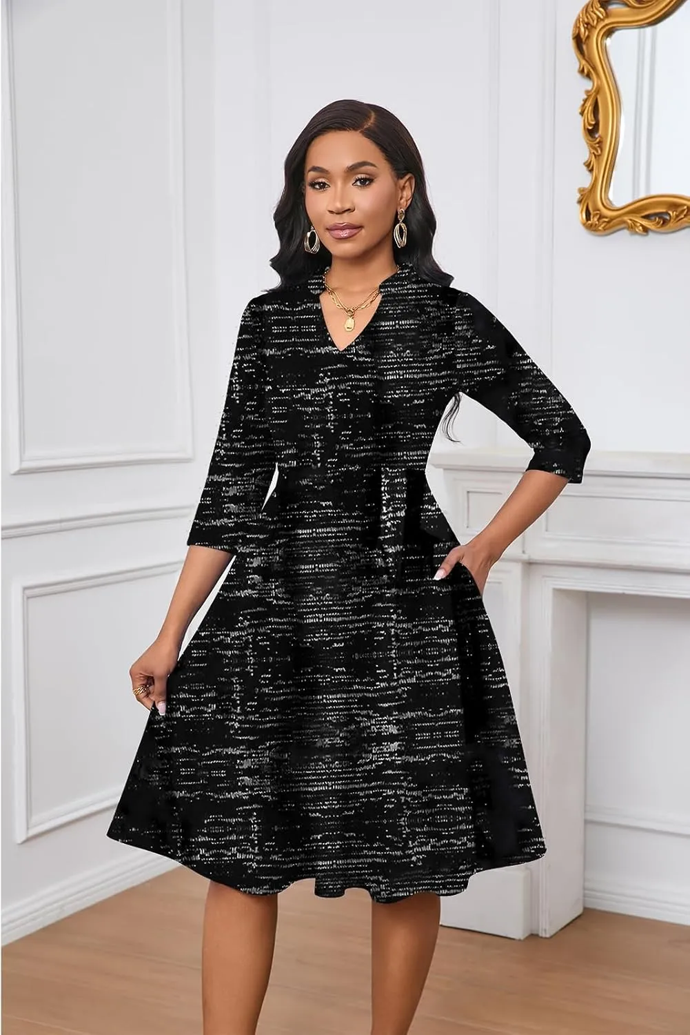 Max2co Midi Dresses for Women Semi Formal Fit and Flare A-Line Swing Dress 3/4 Sleeve Church Cocktail Dress with Pockets