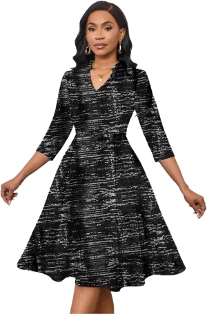 Max2co Midi Dresses for Women Semi Formal Fit and Flare A-Line Swing Dress 3/4 Sleeve Church Cocktail Dress with Pockets