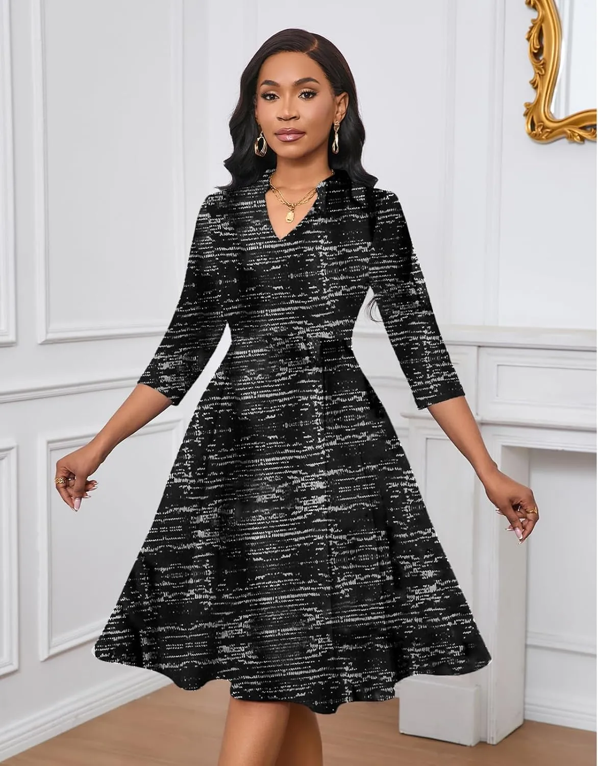 Max2co Midi Dresses for Women Semi Formal Fit and Flare A-Line Swing Dress 3/4 Sleeve Church Cocktail Dress with Pockets