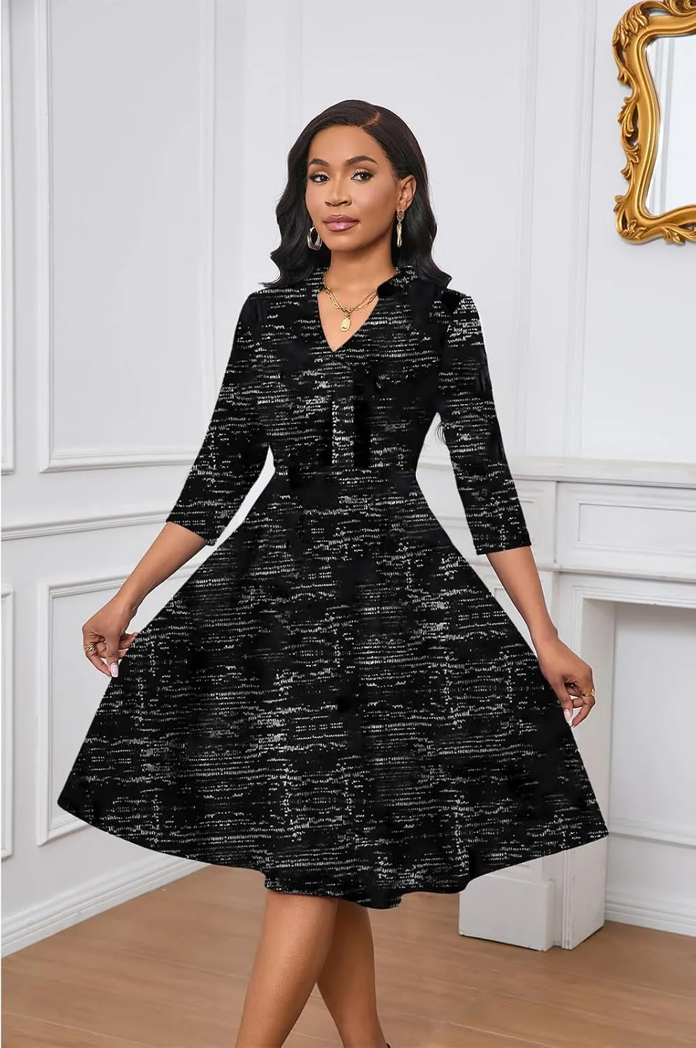 Max2co Midi Dresses for Women Semi Formal Fit and Flare A-Line Swing Dress 3/4 Sleeve Church Cocktail Dress with Pockets
