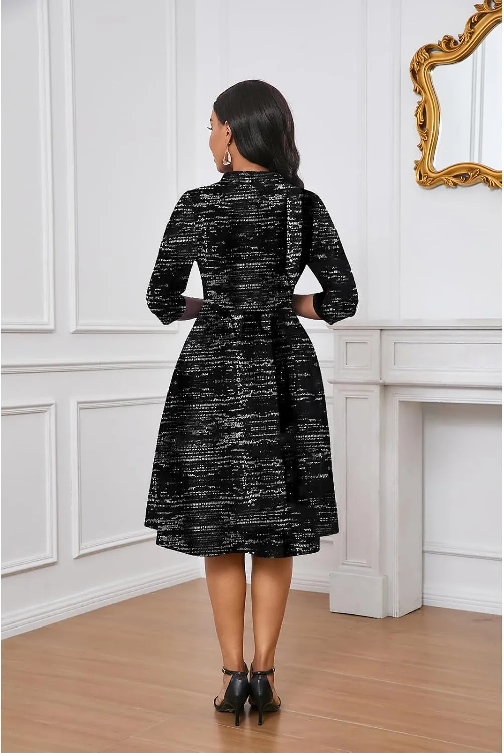 Max2co Midi Dresses for Women Semi Formal Fit and Flare A-Line Swing Dress 3/4 Sleeve Church Cocktail Dress with Pockets