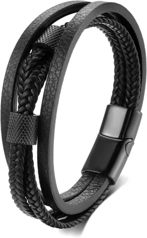 Mens 3 Strand Braided Black Leather Bangle Bracelet, Stainless Steel Black Checker Pattern Tunnel Bead Charms, Classic and Stylish