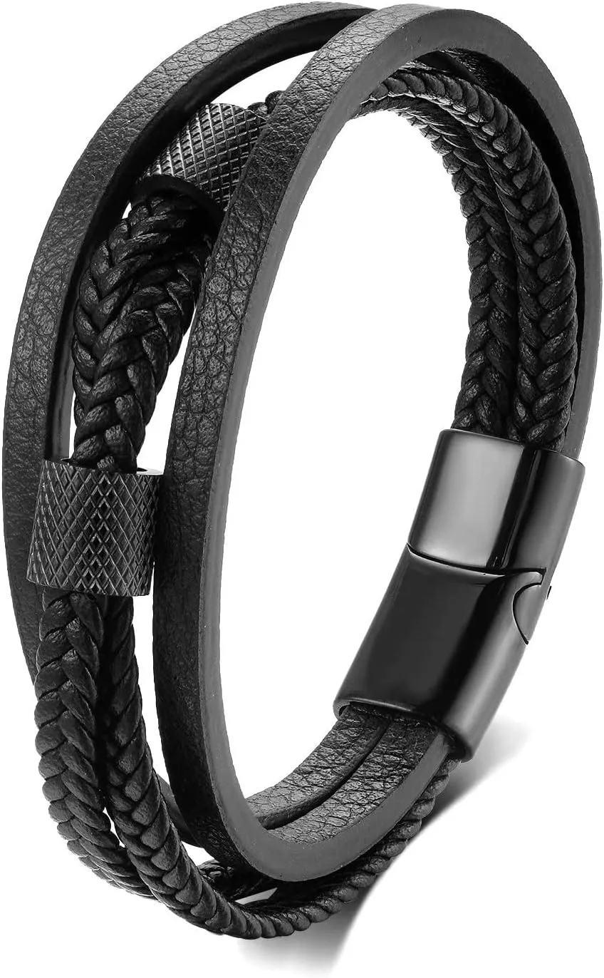 Mens 3 Strand Braided Black Leather Bangle Bracelet, Stainless Steel Black Checker Pattern Tunnel Bead Charms, Classic and Stylish