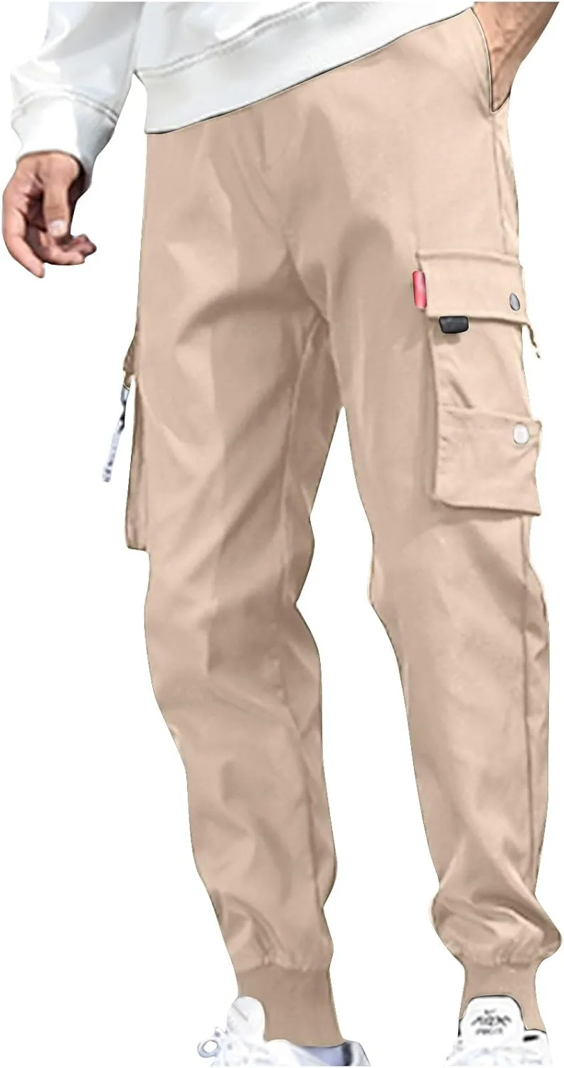 Men's Cargo Pants Casual Joggers Elastic Waist Drawstring Tapered Pants Loose Fit Outdoor Trousers with Multi Pockets