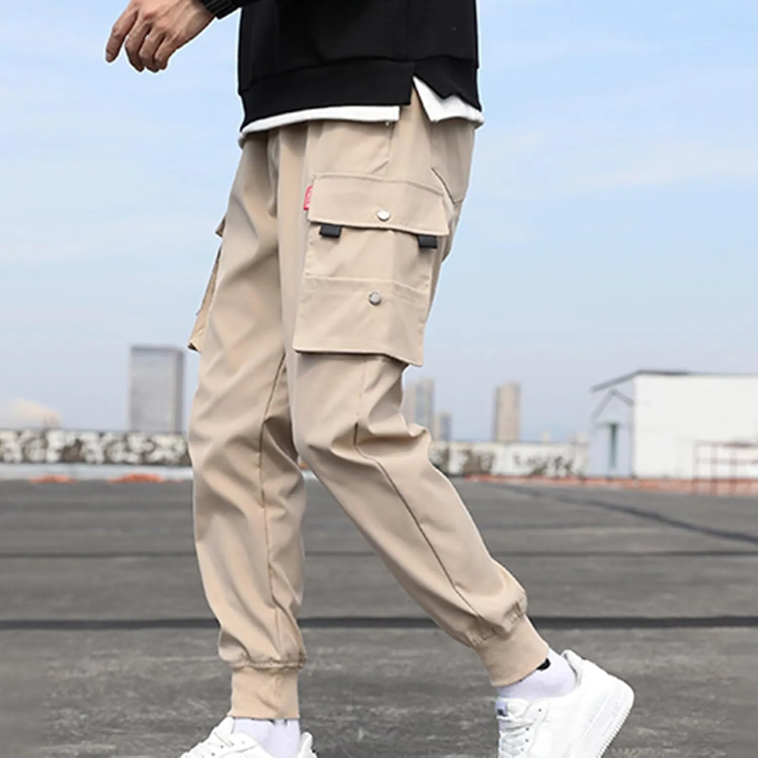 Men's Cargo Pants Casual Joggers Elastic Waist Drawstring Tapered Pants Loose Fit Outdoor Trousers with Multi Pockets