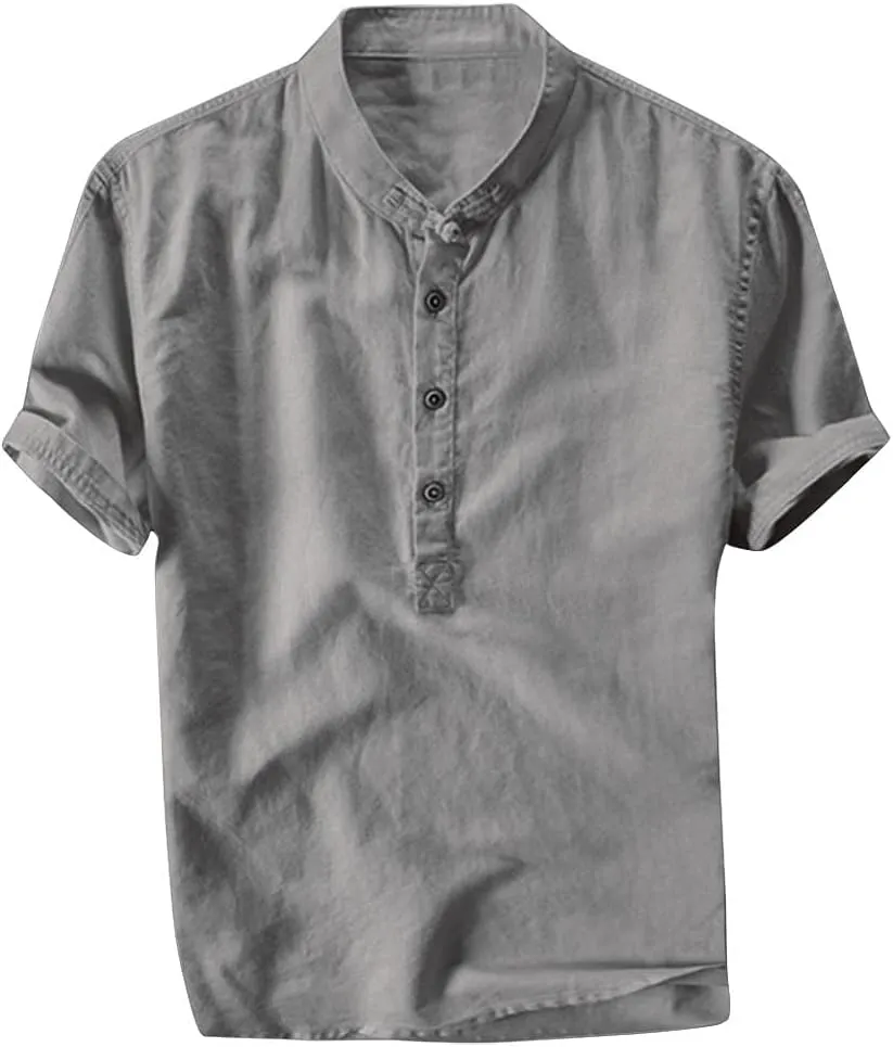 Men's Casual Linen Henley Shirts Short Sleeve Half Button Hawaiian Shirt Vintage Regular Fit Summer Beach Dress Shirt
