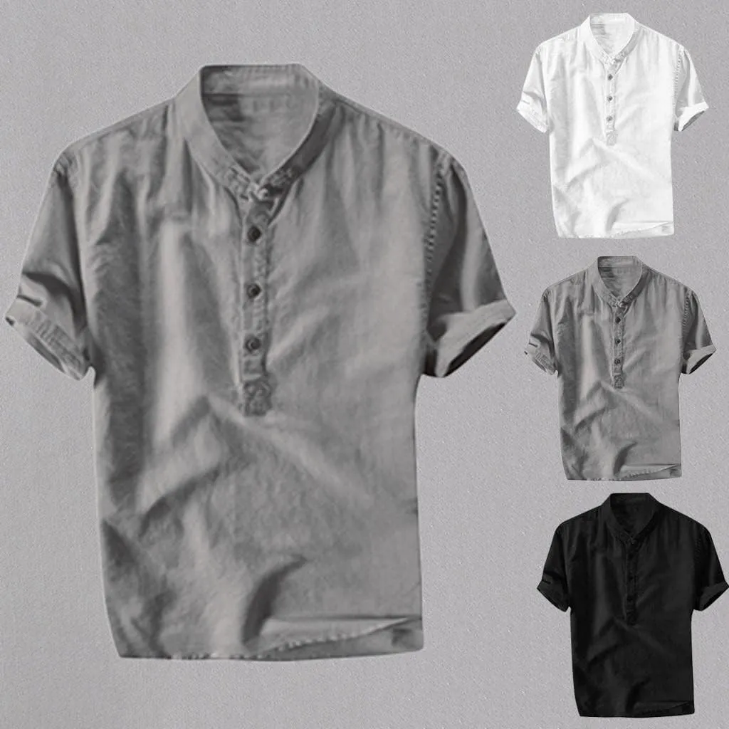 Men's Casual Linen Henley Shirts Short Sleeve Half Button Hawaiian Shirt Vintage Regular Fit Summer Beach Dress Shirt