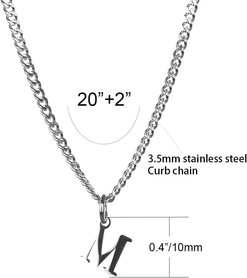 Mens Minimal Initial Necklace, Stainless Steel Gold Silver Tone 26 Letters Pendant Necklace for Men Women 3.5mm Cuban Chain Waterproof