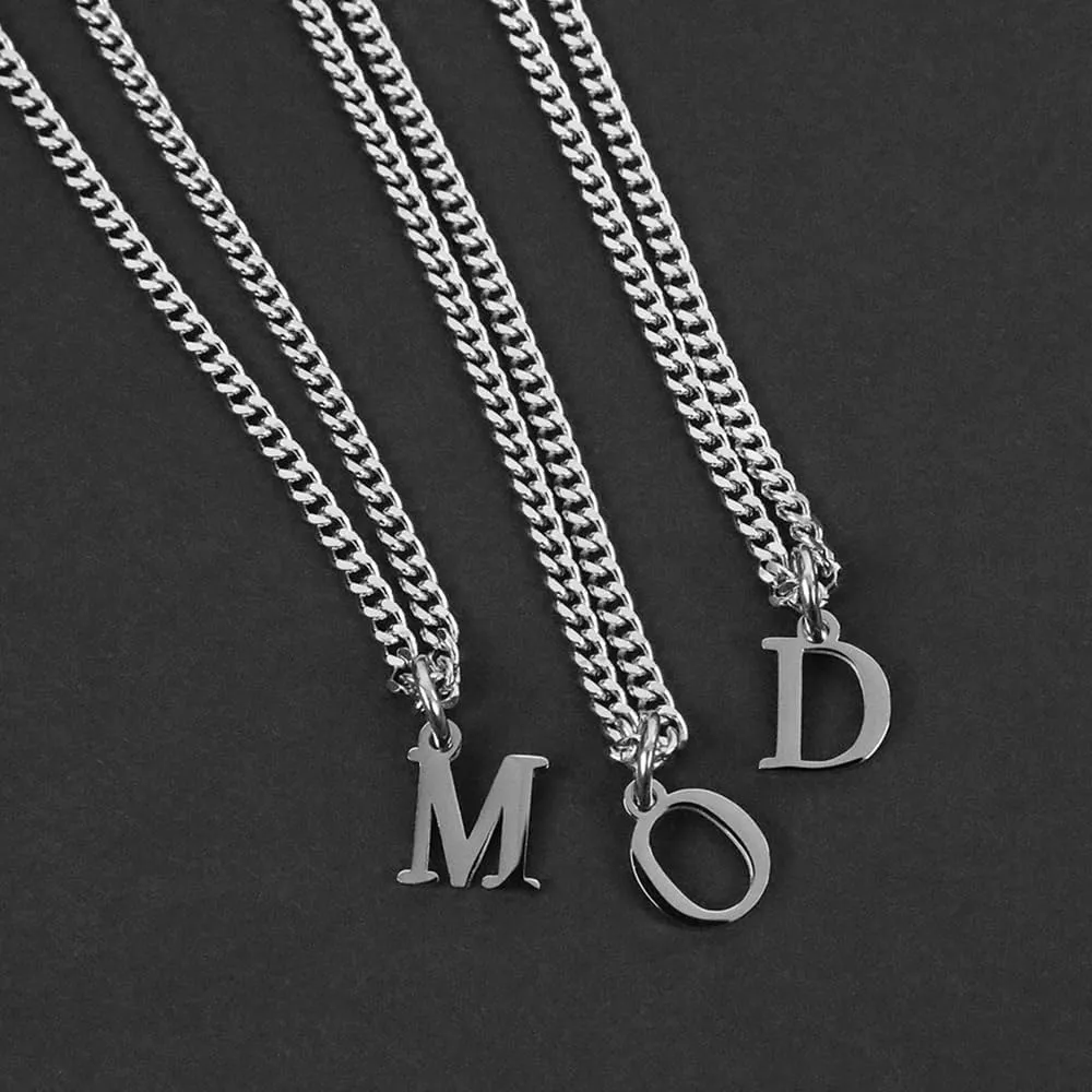 Mens Minimal Initial Necklace, Stainless Steel Gold Silver Tone 26 Letters Pendant Necklace for Men Women 3.5mm Cuban Chain Waterproof